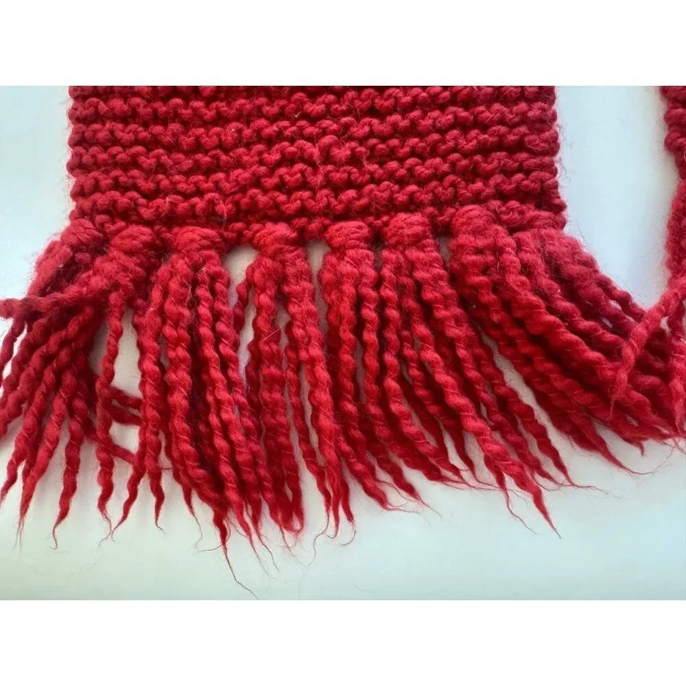 J Crew Unisex Red Chunky Knit Wool Fringe Scarf Timeless Sustainable